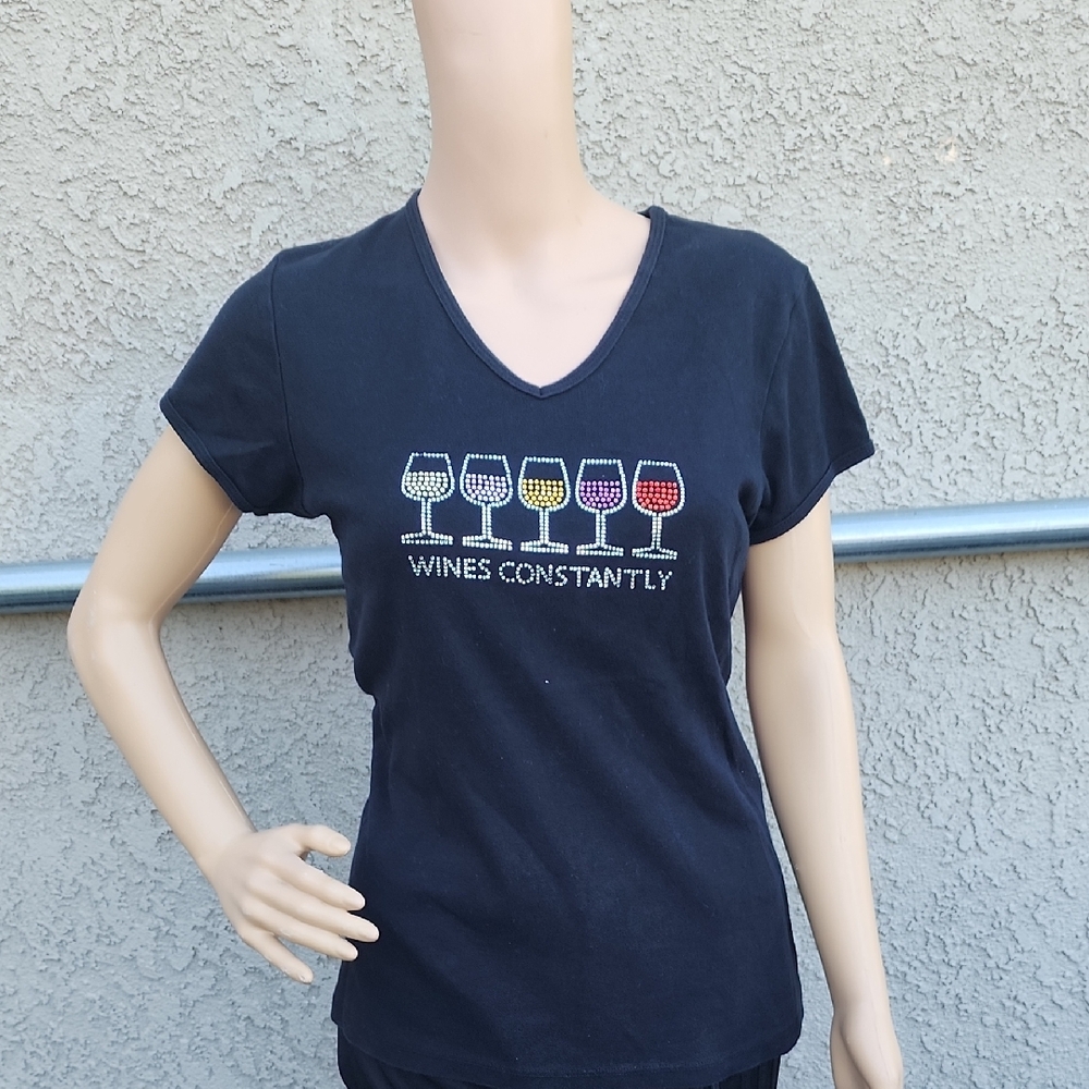 Black Graphic Tee with Wine Glass Design